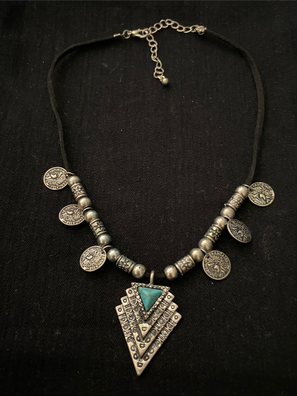 Turquoise Accent Tribal Coin Necklace - Black Cord